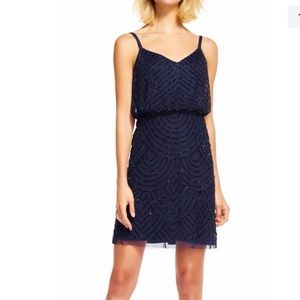 Adrianna Papell 041868910 Blouson Beaded Dress Navy with black beads